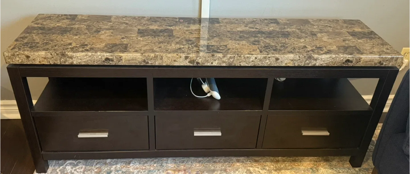 Brown TV Stand with Faux Marble Top thumbnail