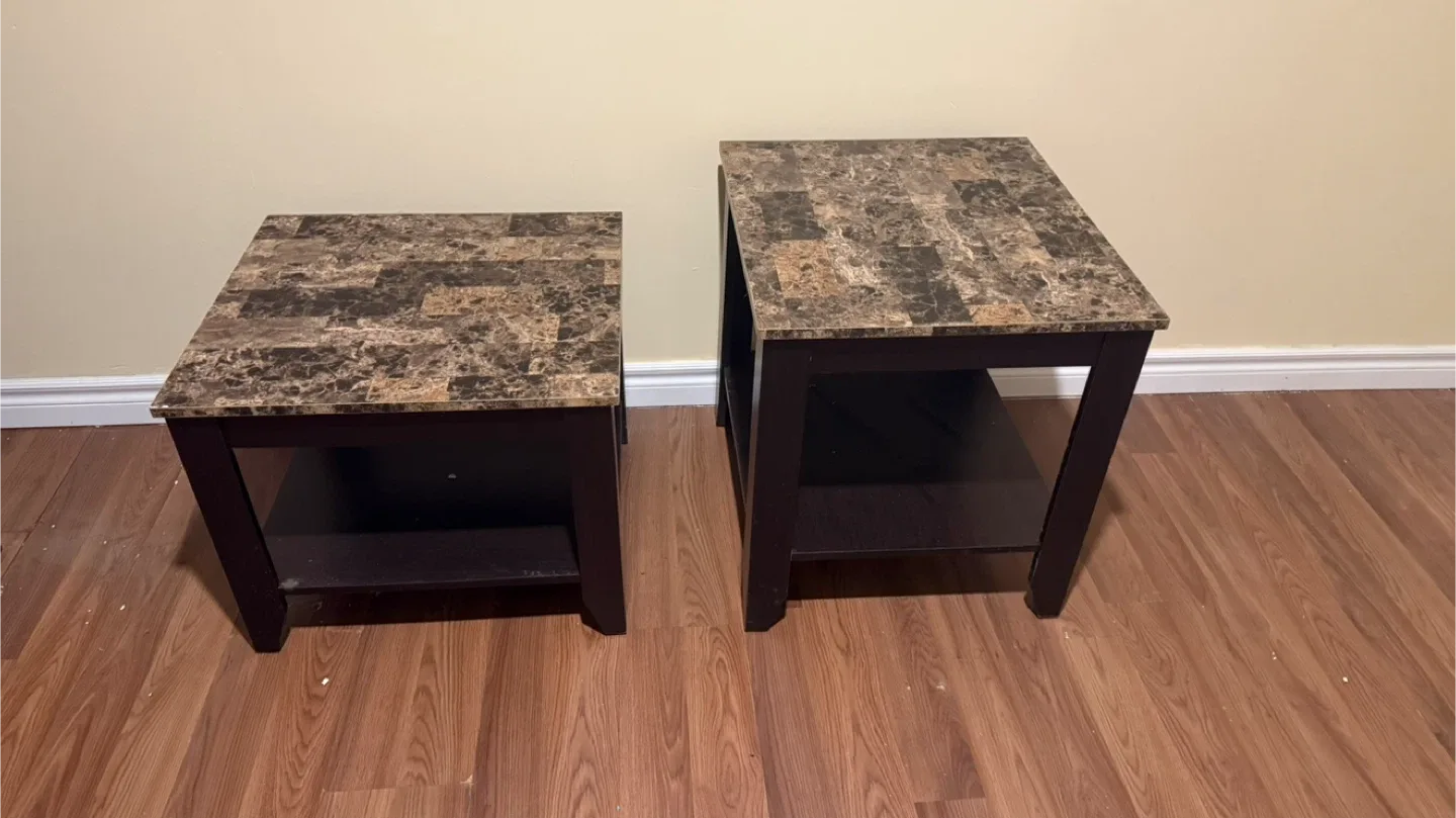 Pair of Brown End Tables with Faux Marble Top thumbnail
