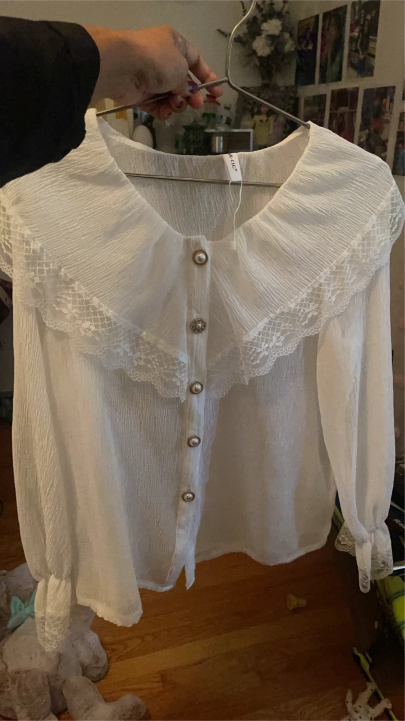 White Blouse with Lace Collar Detail  M -L