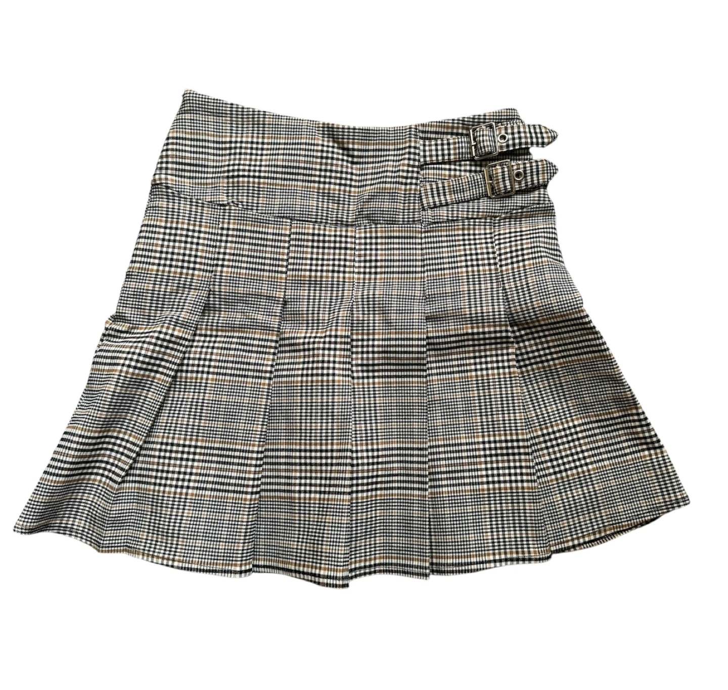 NEW Designer Plaid Pleated Mini Skirt with Buckle Detail