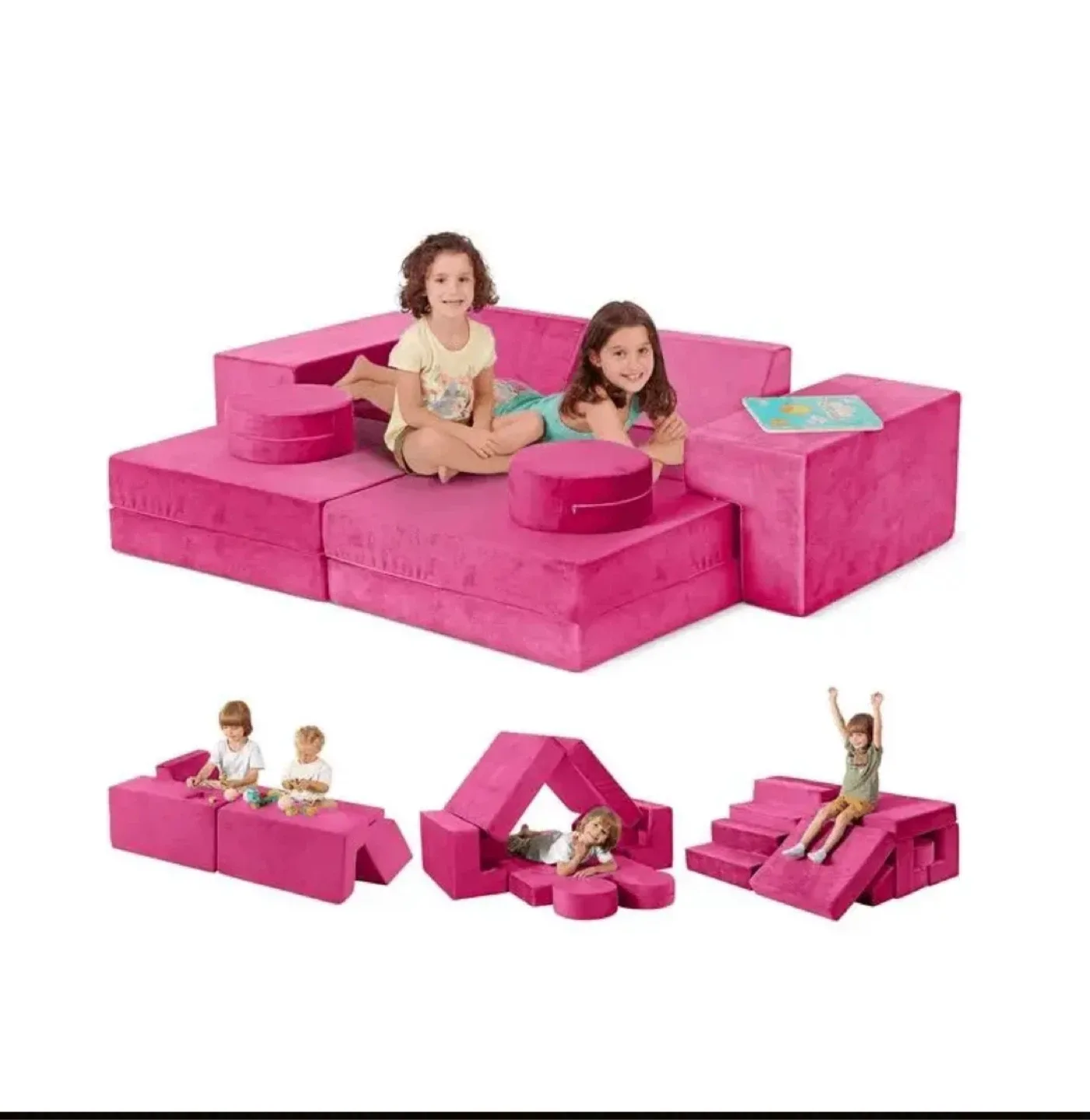 Kids' Foam Play Couch - Pink Velvet Cover image indicator(4)