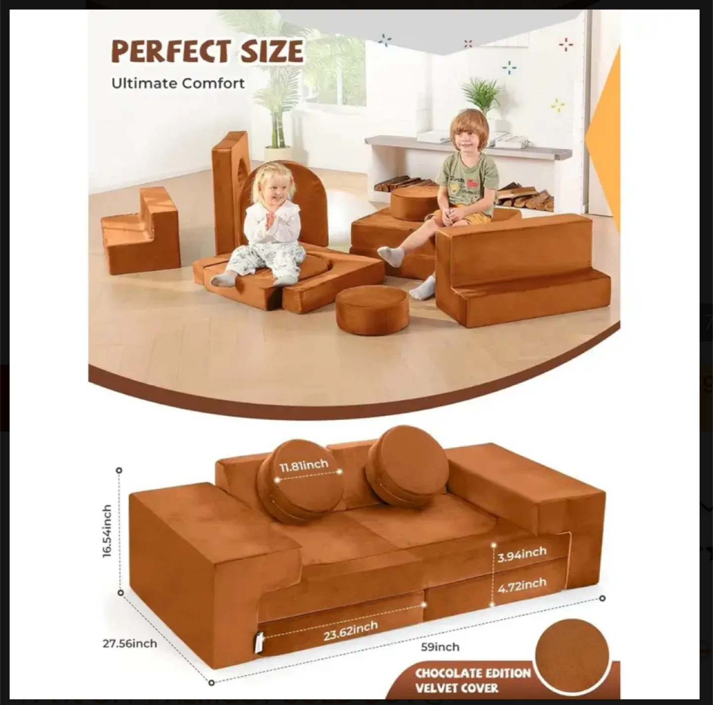 Kids' Foam Play Couch - Pink Velvet Cover image indicator(3)