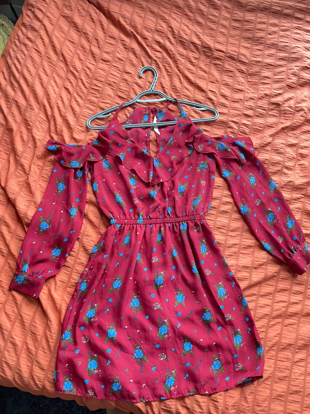 Red Floral Cold Shoulder Dress