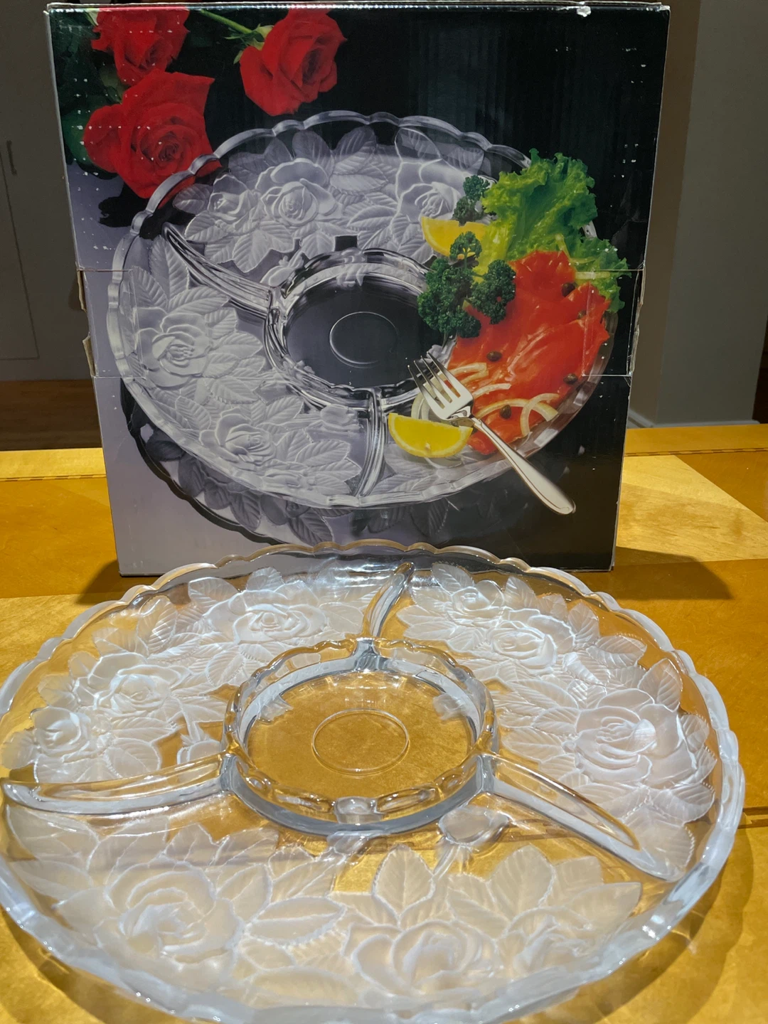Rose Embossed Glass Serving Platter with Dip Bowl