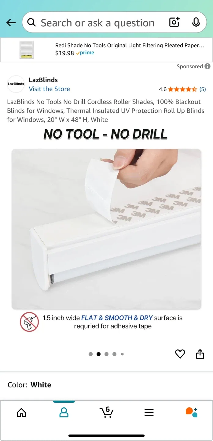 LazBlinds No Tools Cordless Roller Shades, 20"x48", White image indicator(2)