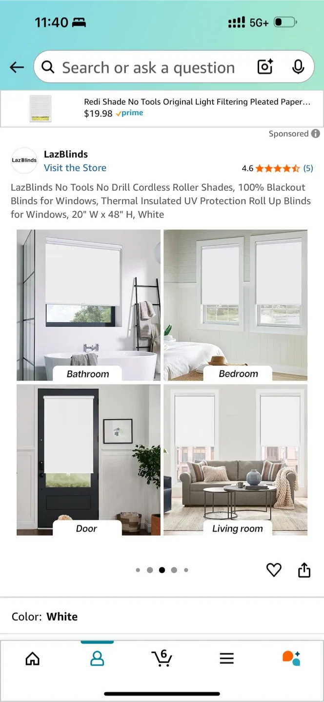 LazBlinds No Tools Cordless Roller Shades, 20"x48", White image indicator(3)