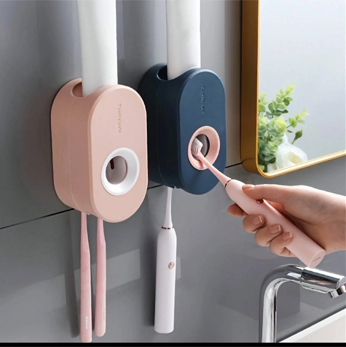 Wall-Mounted Toothpaste Dispenser with Toothbrush Holder ( Pink) thumbnail