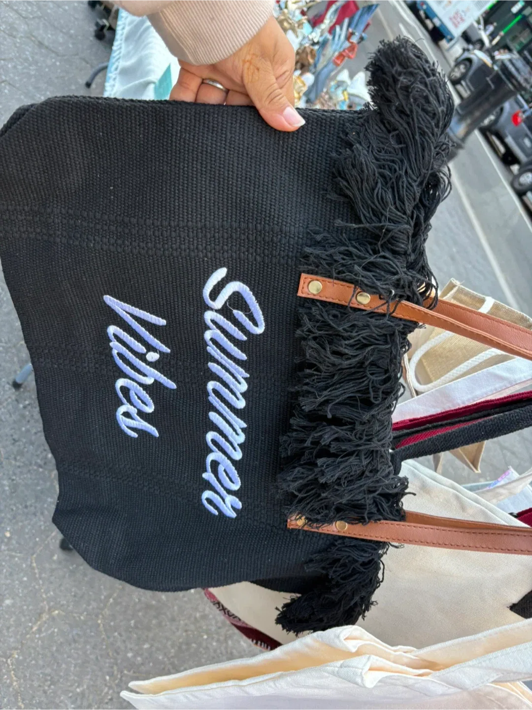 Summer Vibes Black Woven Tote Bag thumbnail