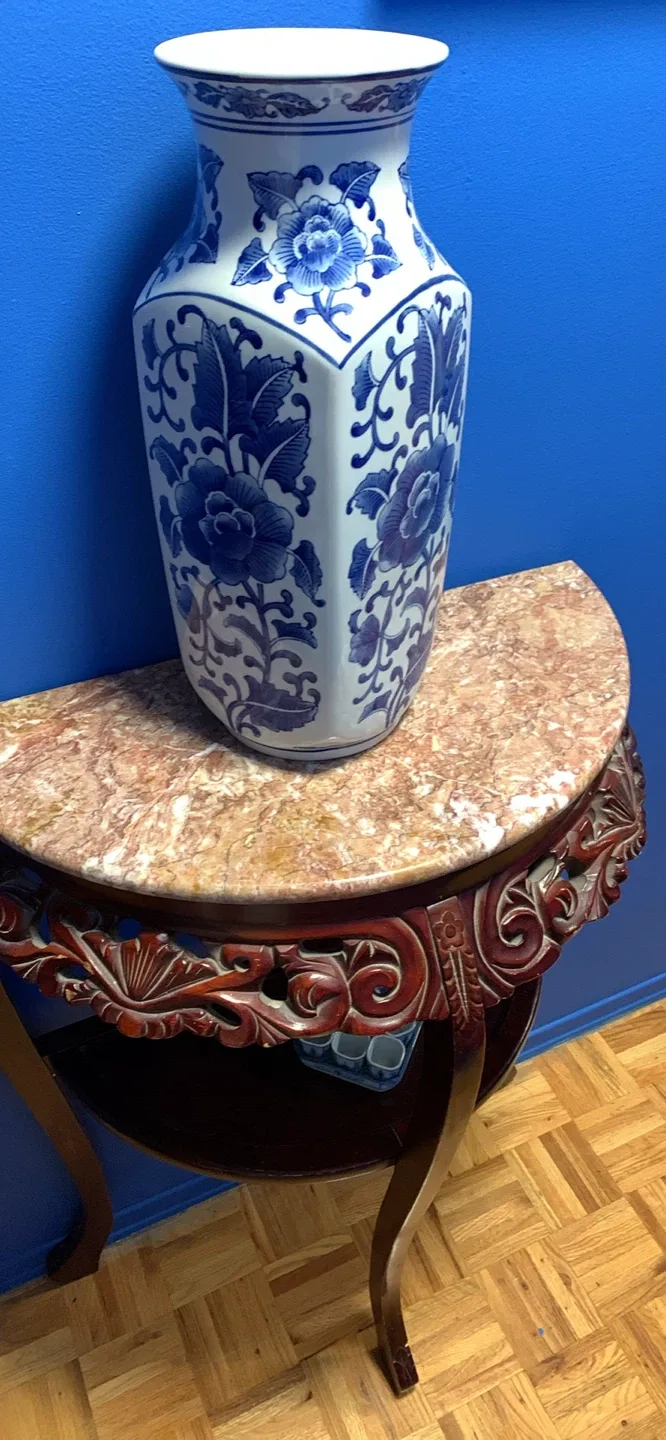 Blue & White Floral Vase - 20" Tall