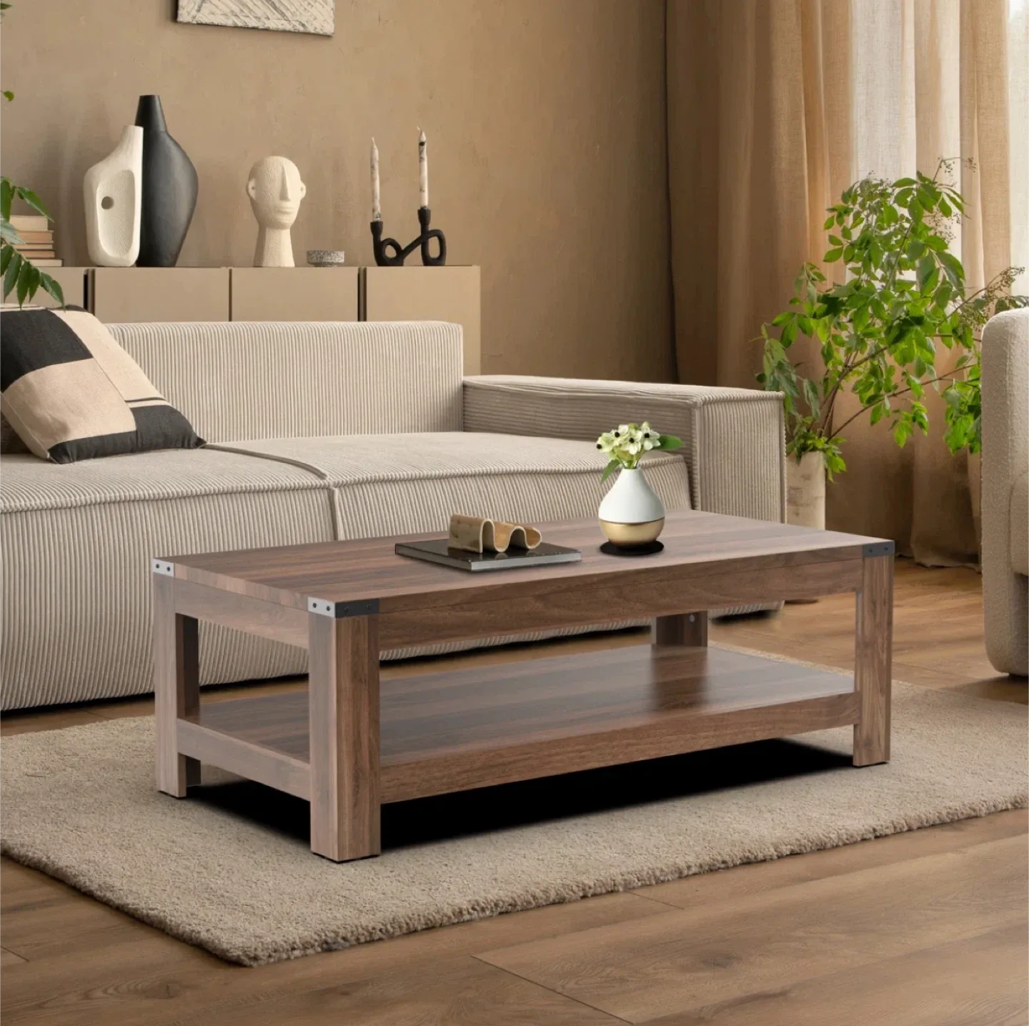 Brown Wood Coffee Table with Shelf image indicator(2)