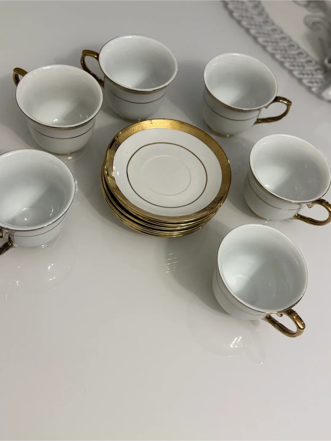Tea Cups & Saucers Set - White with Gold Trim thumbnail