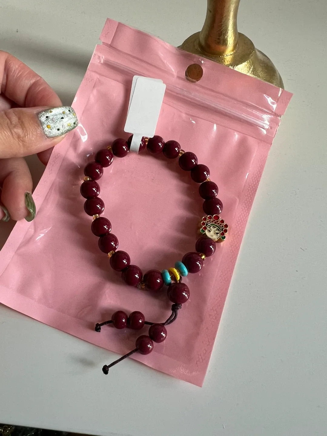 Burgundy Beaded Bracelet with Chinese Opera Charm image indicator(2)