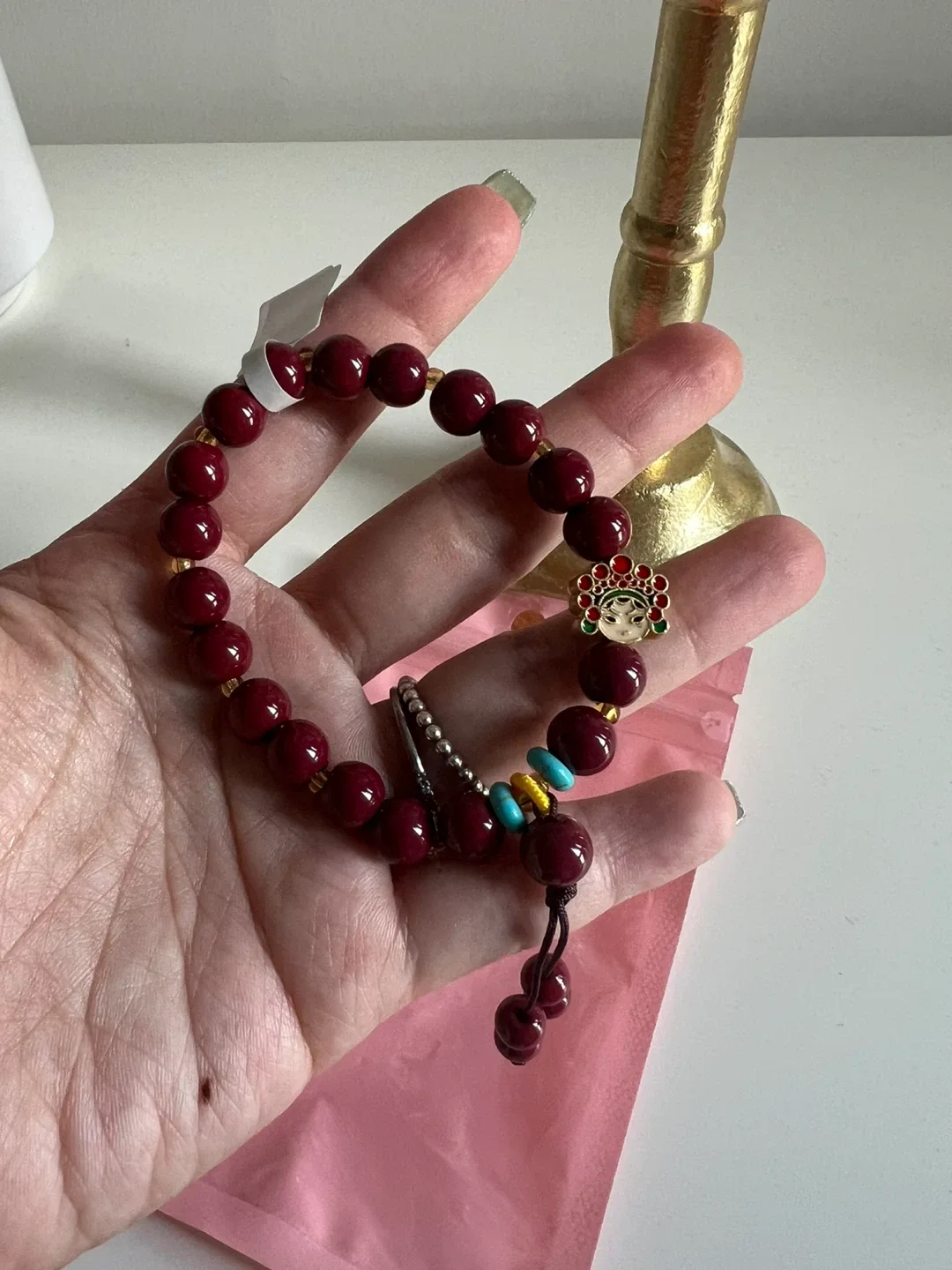 Burgundy Beaded Bracelet with Chinese Opera Charm thumbnail