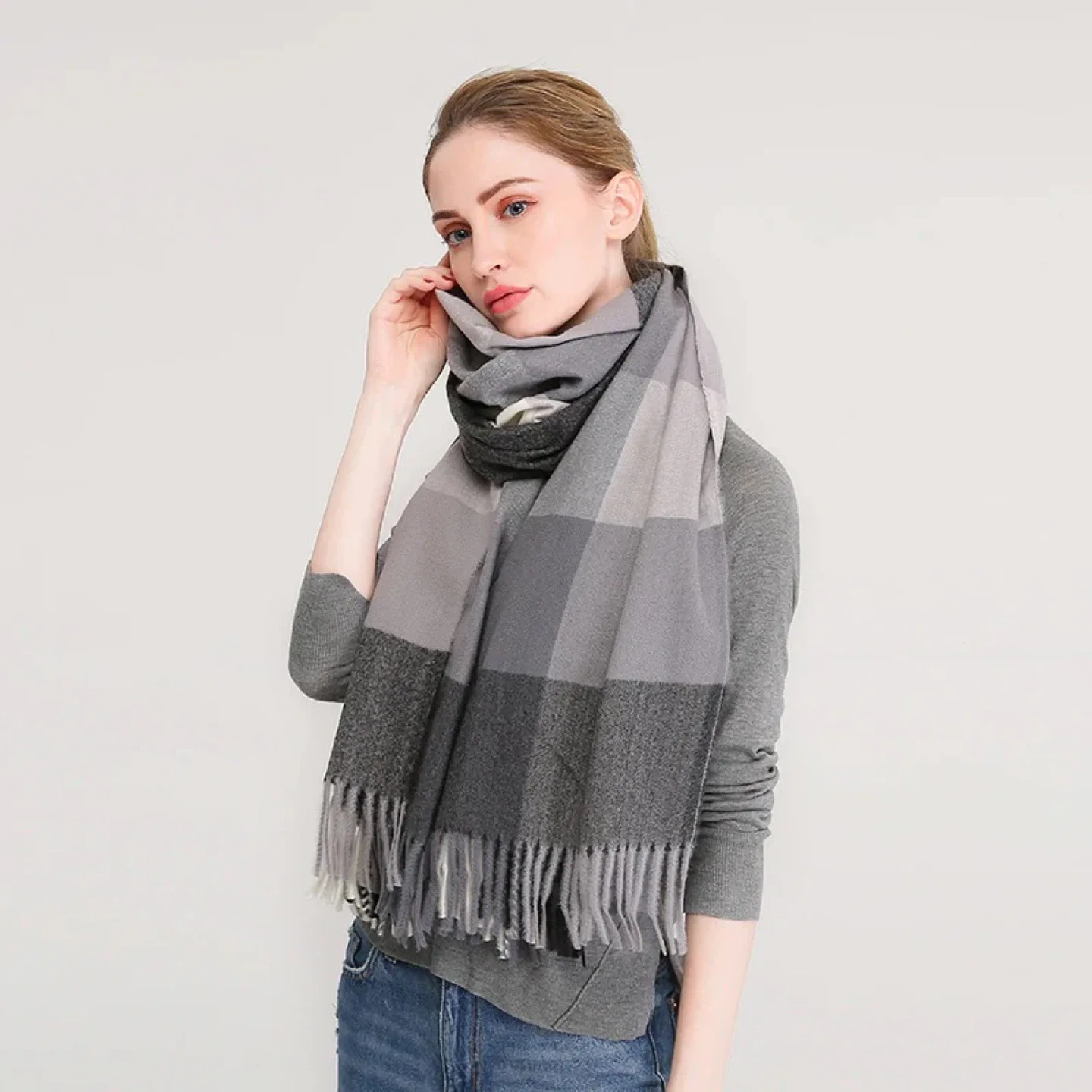 Grey Plaid Scarf/Shawl with Fringe thumbnail