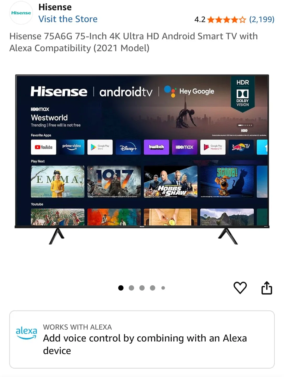 Hisense 75A6G 75-Inch 4K Ultra HD Android Smart TV with Alexa image indicator(7)