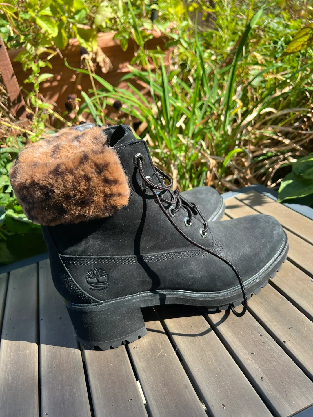 Timberland Black Suede Boots with Leopard Print Cuff
