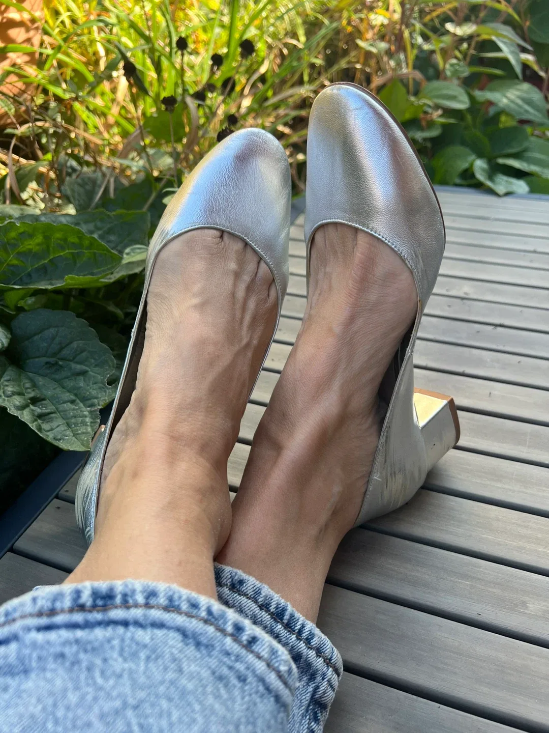 Mango Silver Leather Block Heel Pumps - Size 9 thumbnail