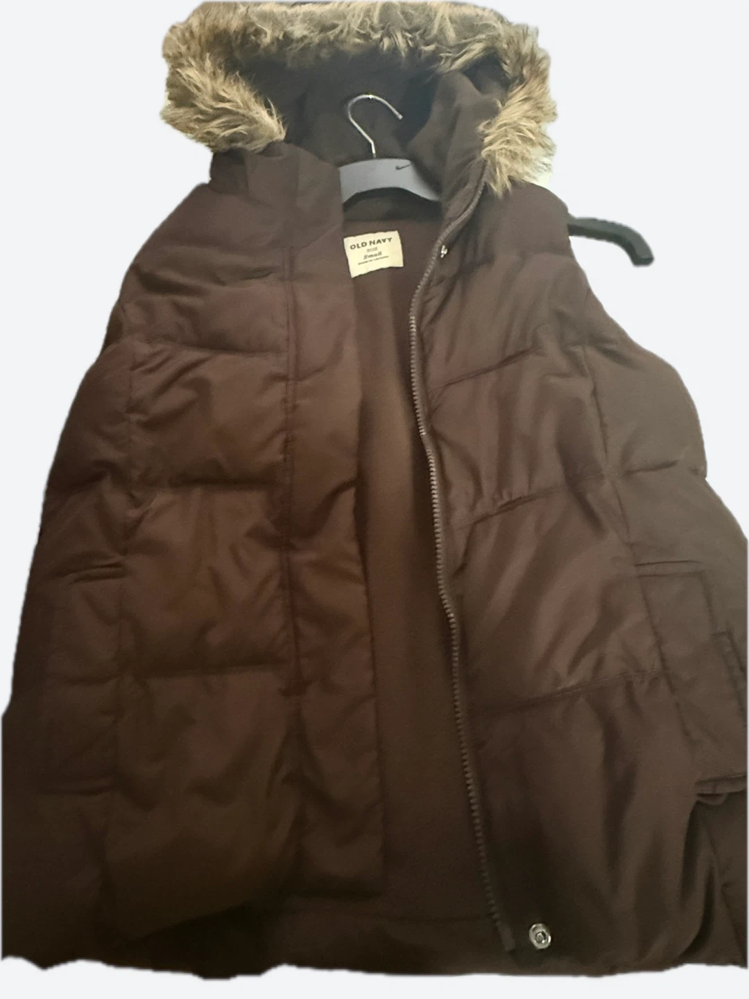 Old Navy Brown Puffer Vest with Fur Hood - Small