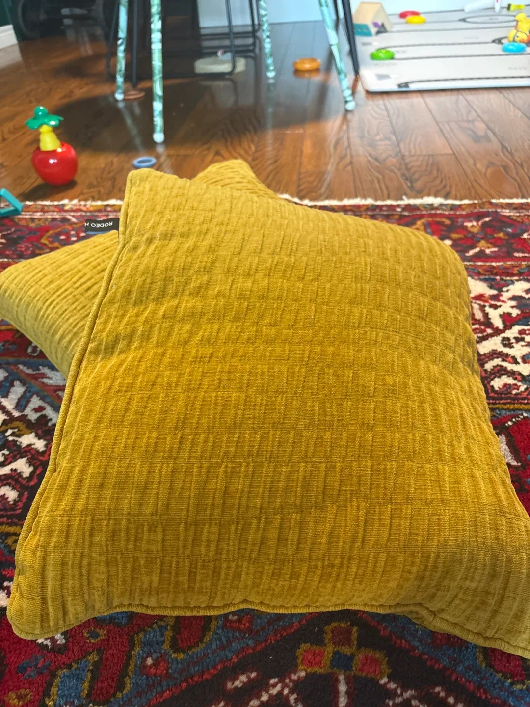 Pair of mustard yellow Pillows (down) excellent condition image indicator(2)