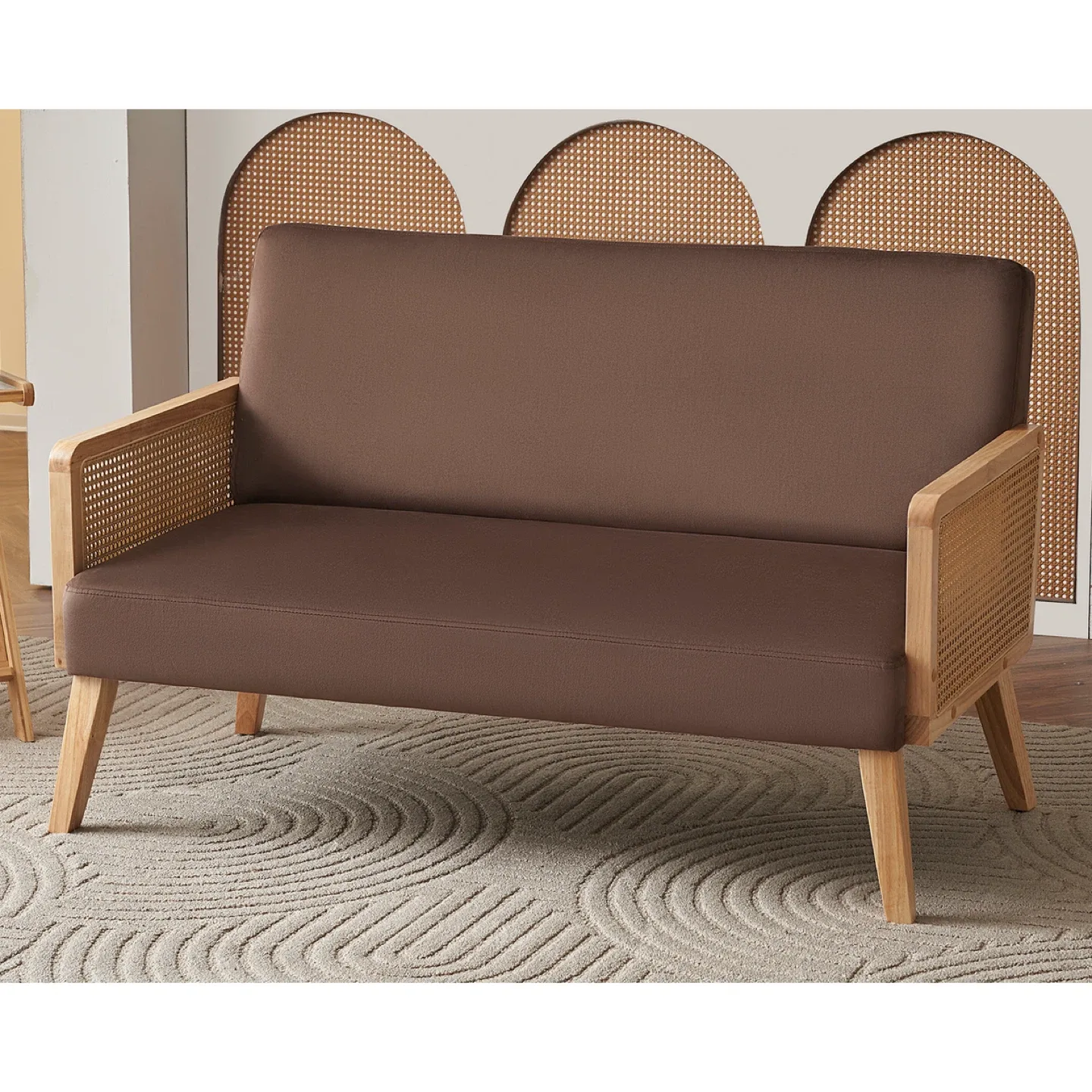 Brown Upholstered Loveseat with Rattan sides