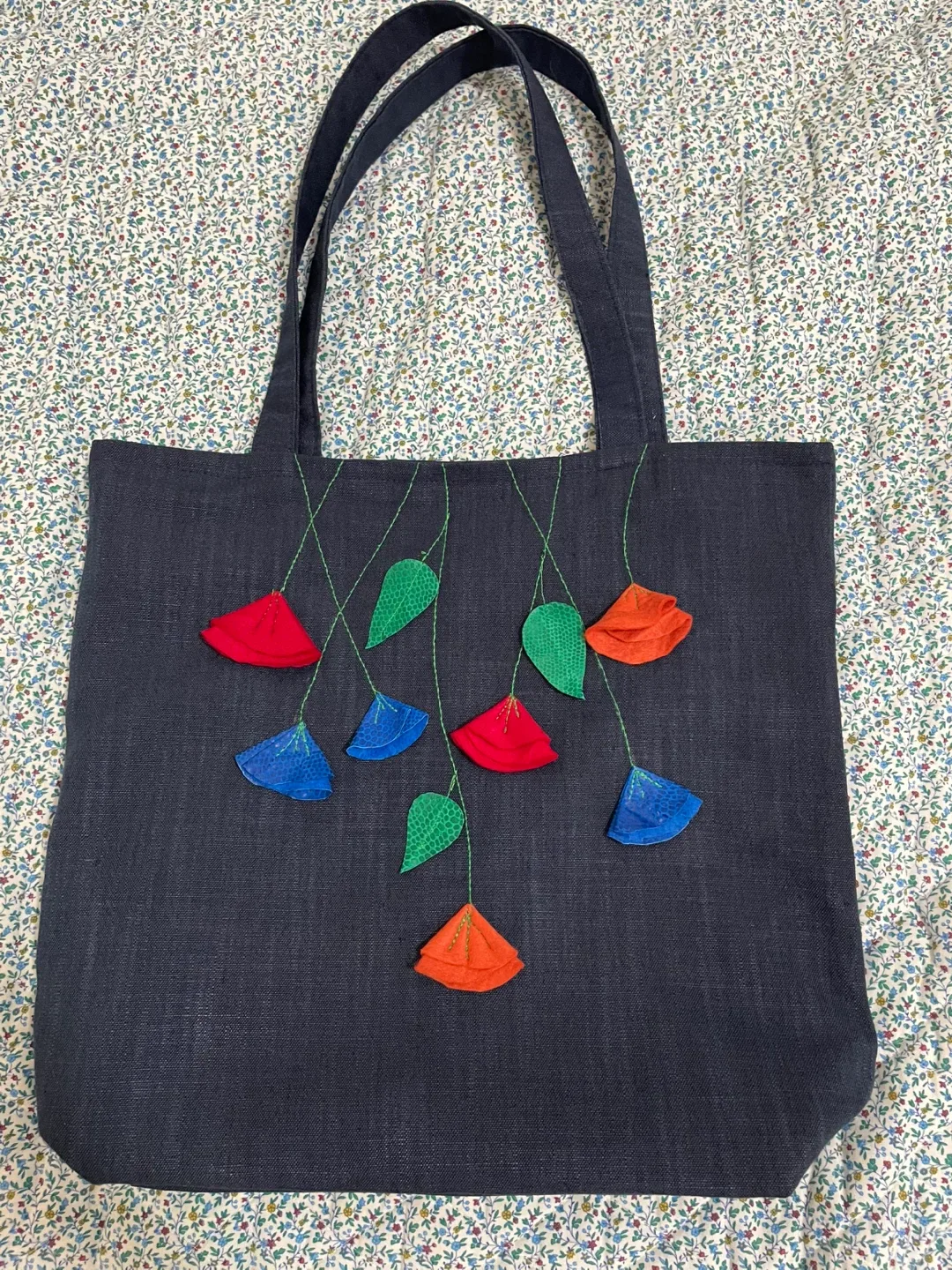 Handmade Denim Tote Bag with Floral Appliqué thumbnail