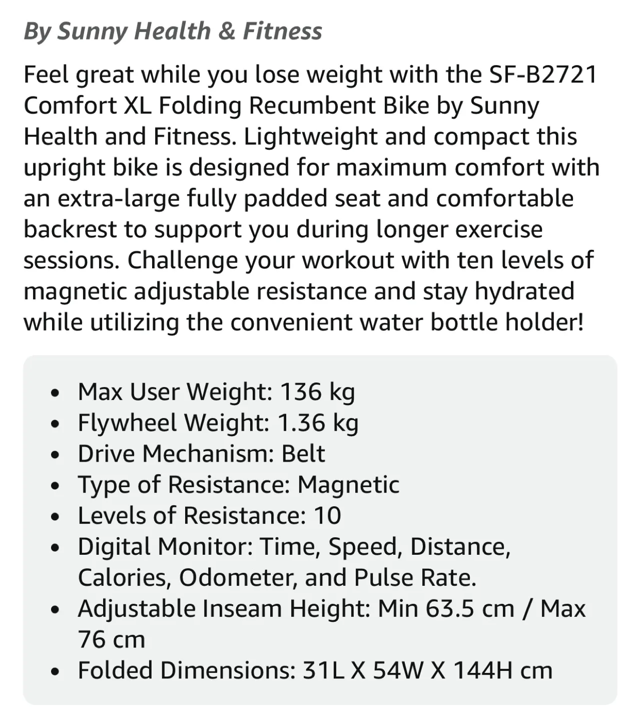 Sunny Health & Fitness Foldable SF-B2721 Exercise Bike image indicator(2)