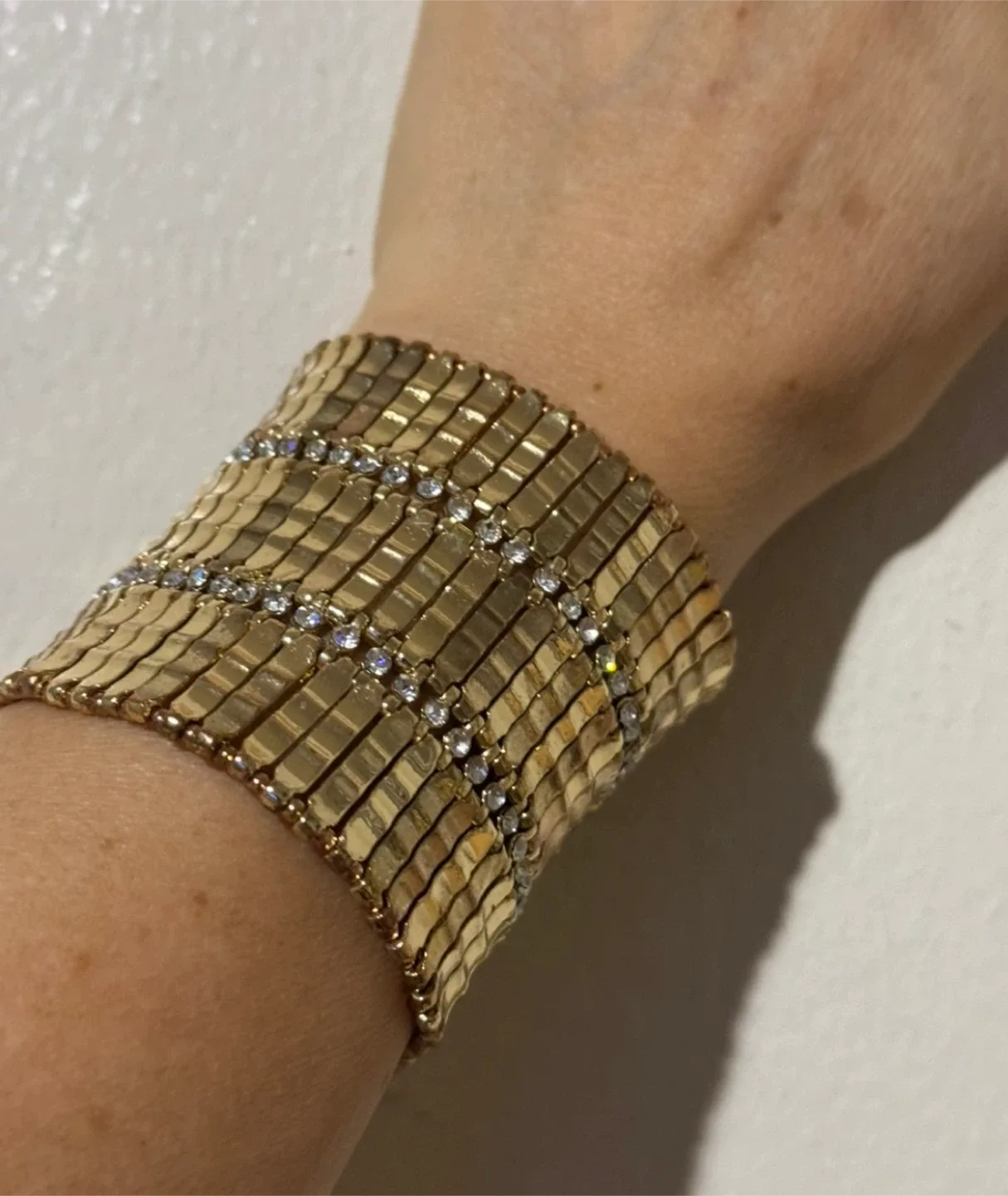 Gold Tone Stretch Bracelet with Rhinestones thumbnail