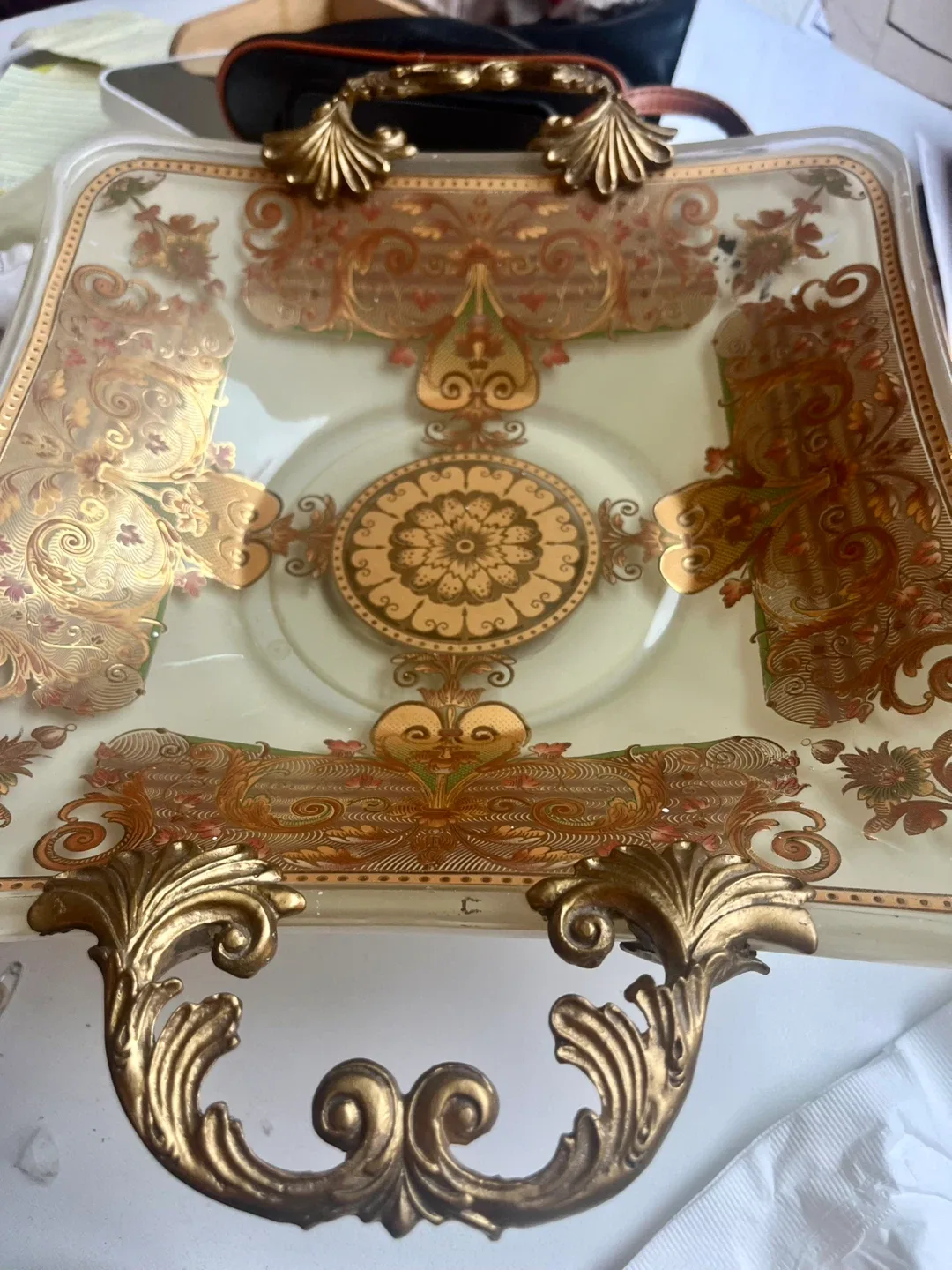 Vintage Decorative Glass Tray with Handles thumbnail