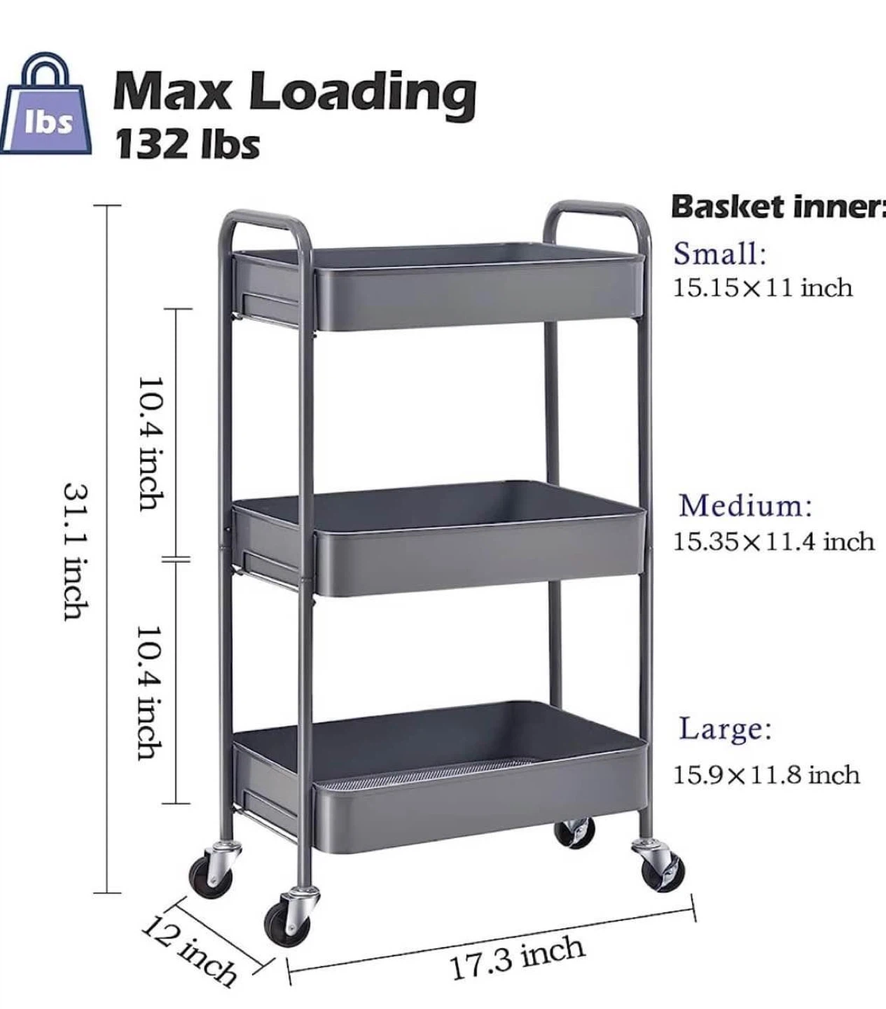 3 Tier Metal Utility Cart (Grey) - photo 5