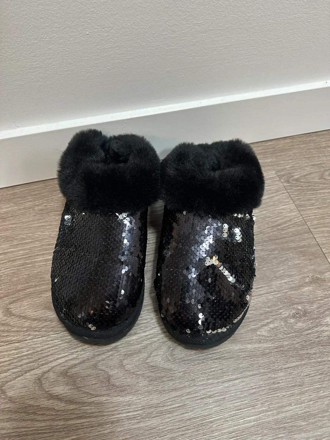Black Sequin Slippers with Faux Fur Trim thumbnail
