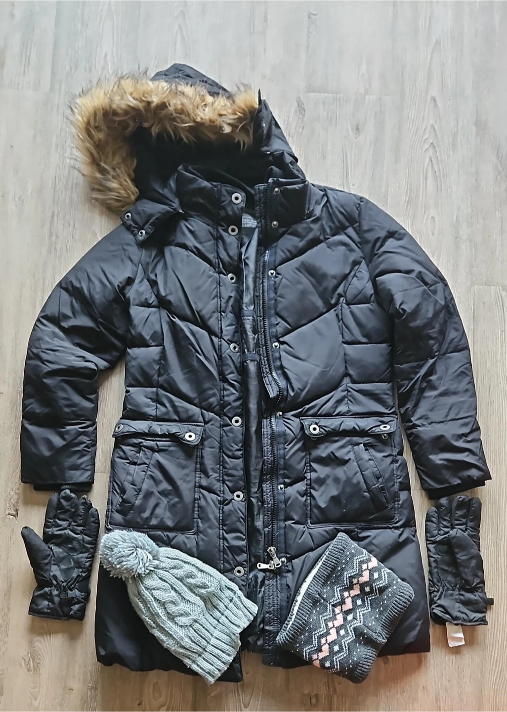 Black Puffer Coat with Faux Fur Hood