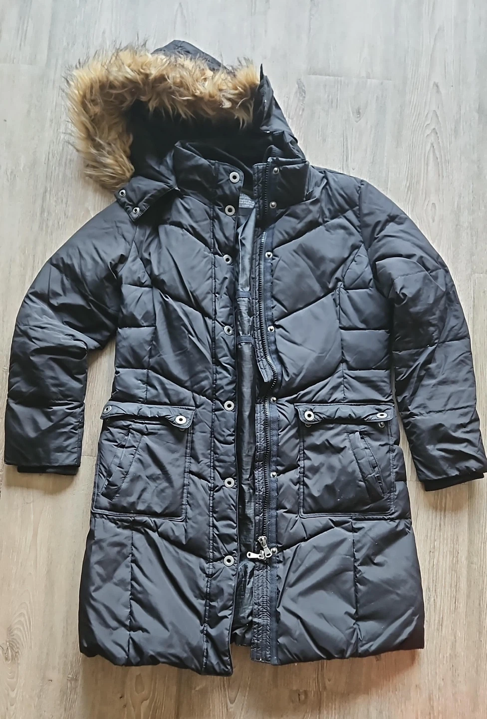 Black Puffer Coat with Faux Fur Hood - photo 2