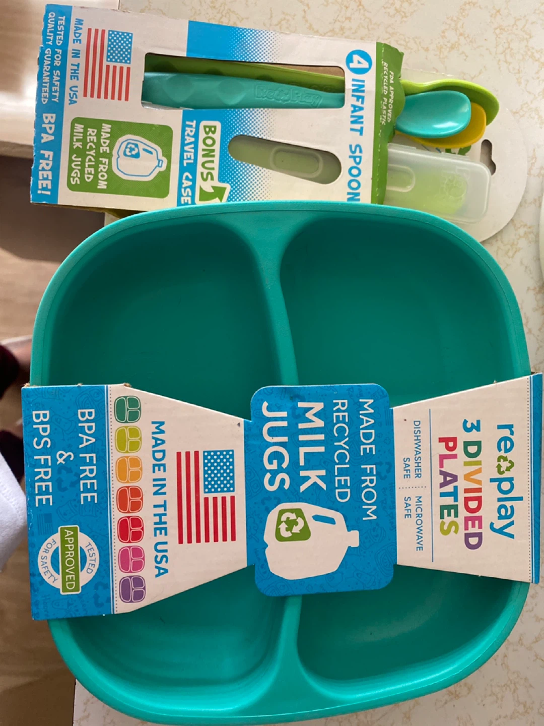 Re-Play 3 Divided Plates & 4 Infant Spoons - New