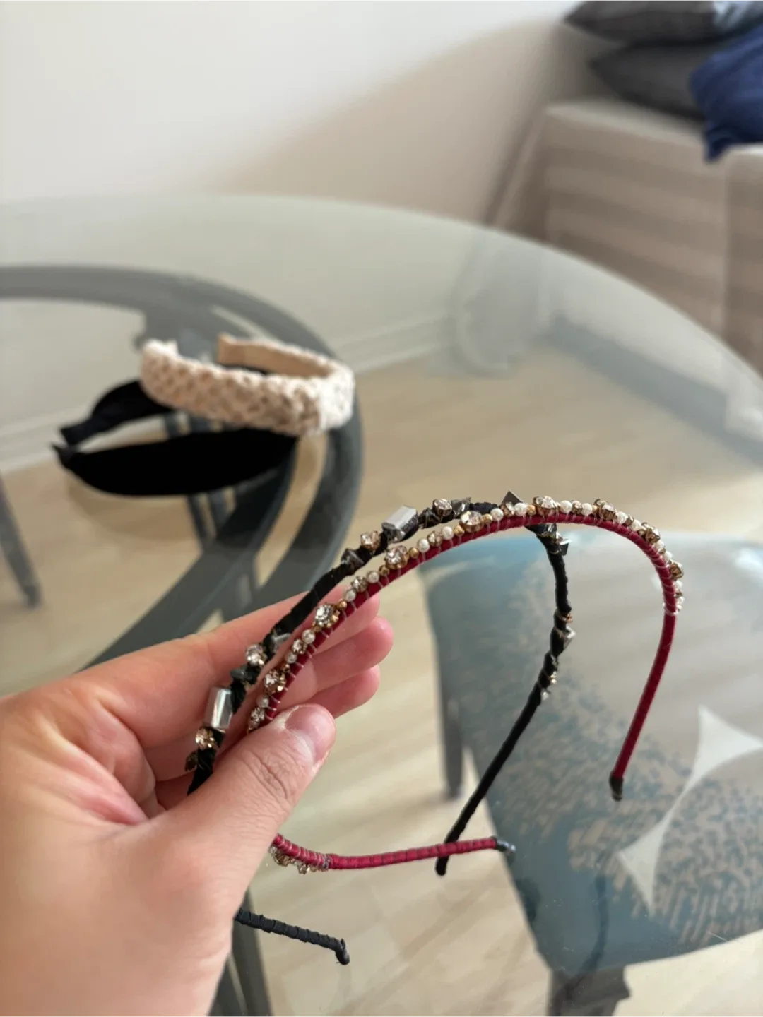 4 Headbands - Black, Beige, & 2 Jewelled image indicator(5)