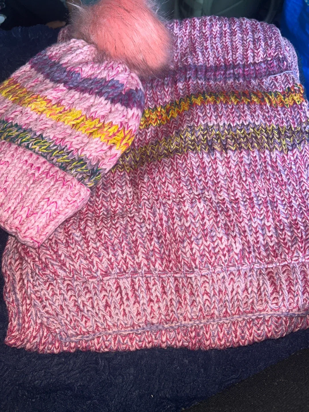 Hand Knit Pink Striped Hat & Scarf Set image indicator(3)