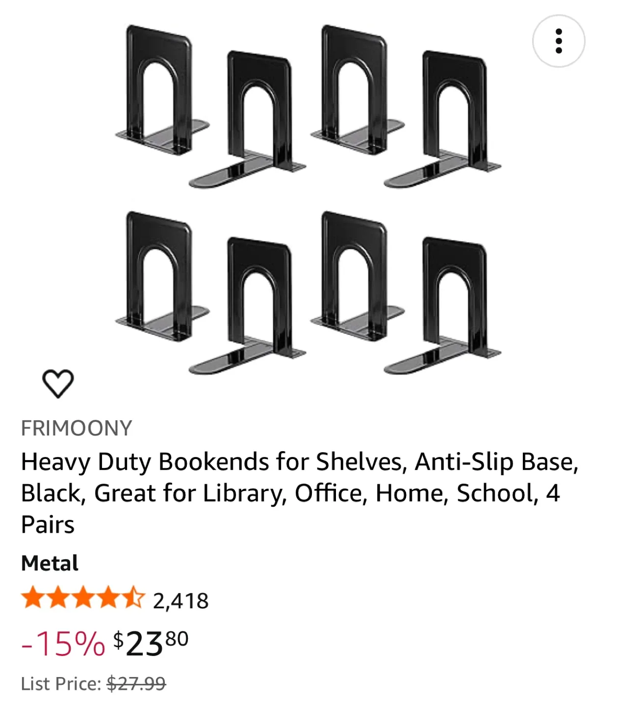 FRIMOONY Heavy Duty Black Bookends - 4 Pairs