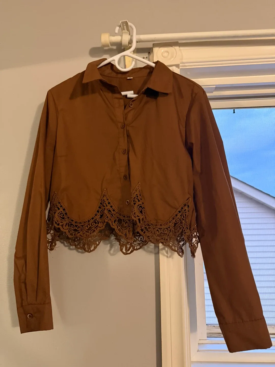 Brown Long Sleeve Lace Trim Top thumbnail