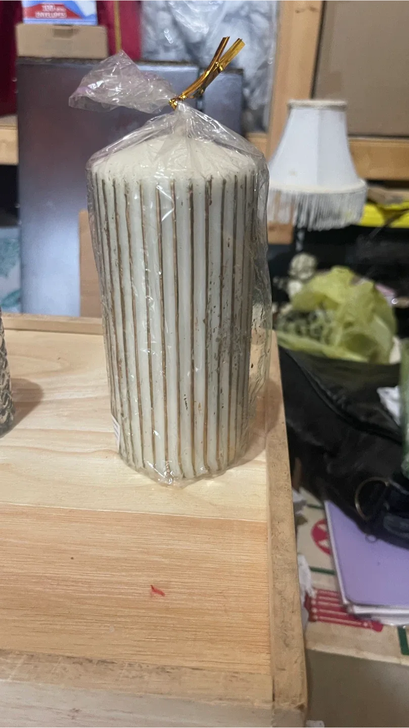 White & Gold Striped Pillar Candle thumbnail