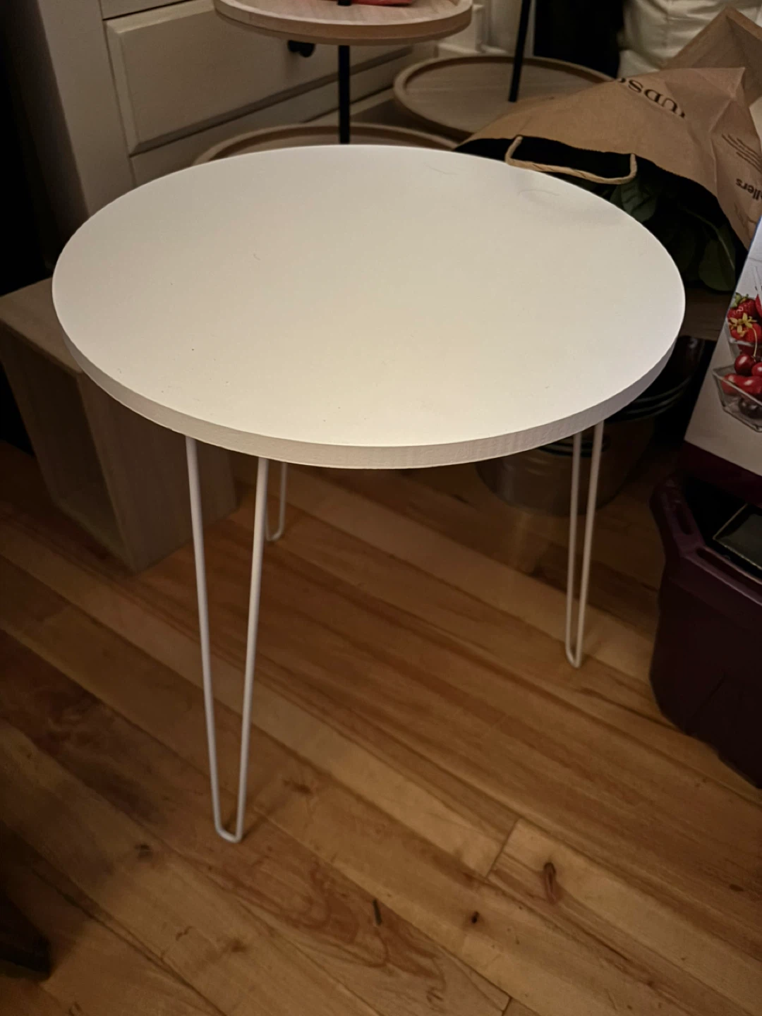 7 White Round Side Tables with hairpin metal legs