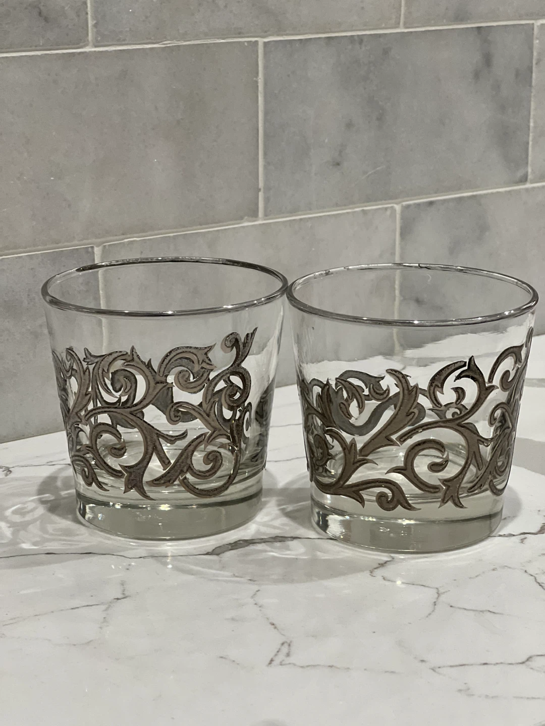 Vintage Libbey Orsini Silver Scroll Lowball Whiskey Glasses
