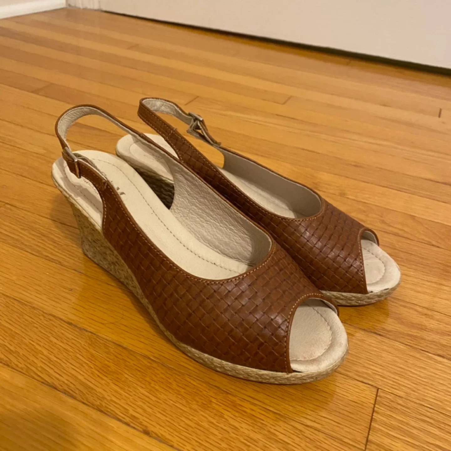 GAM Brown Woven Peep Toe Wedge Sandals thumbnail