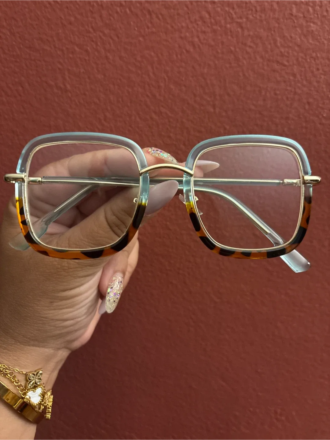 New Square Fashion Glasses - Tortoise Blue and Gold thumbnail