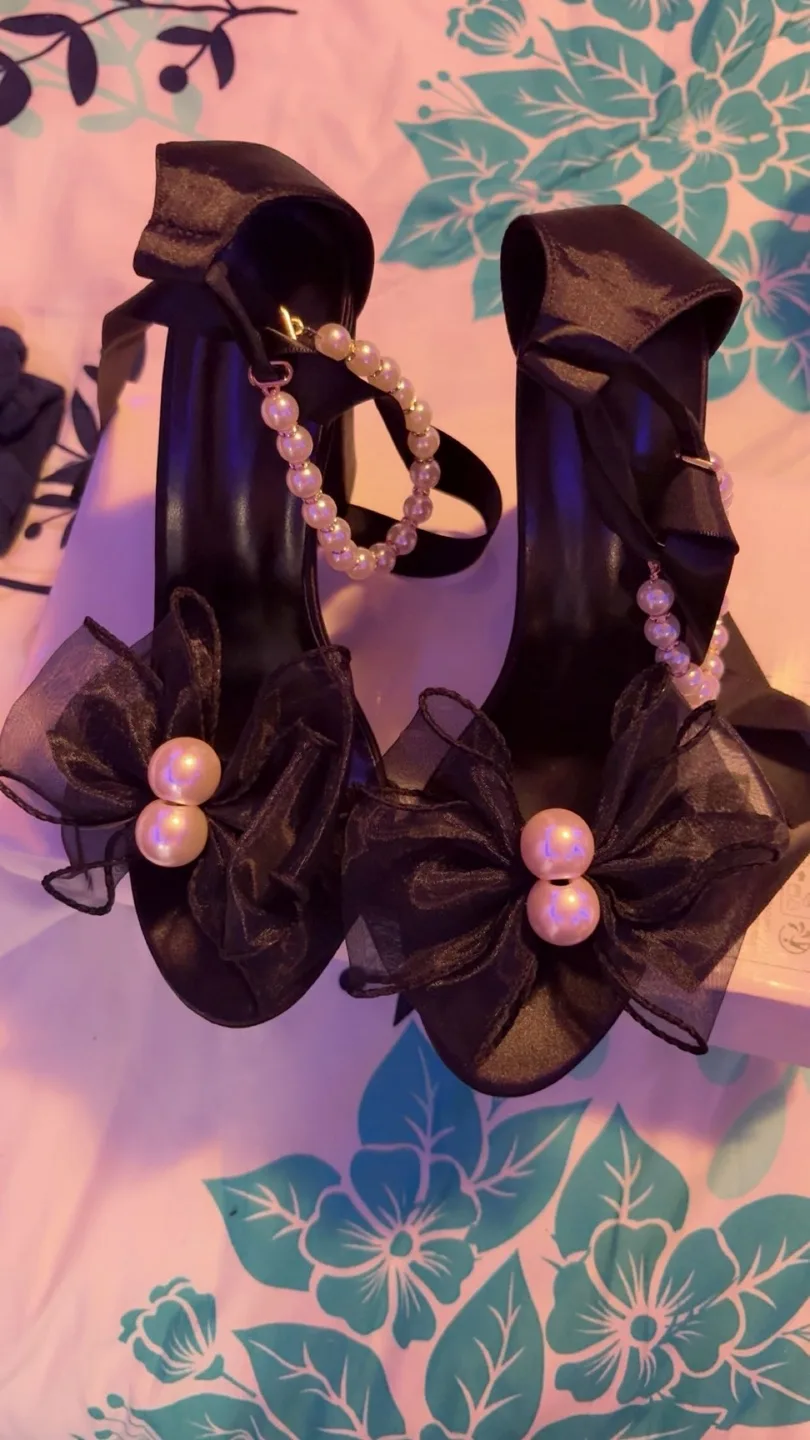 Black Heels with Bows and Pearl Ankle Strap thumbnail