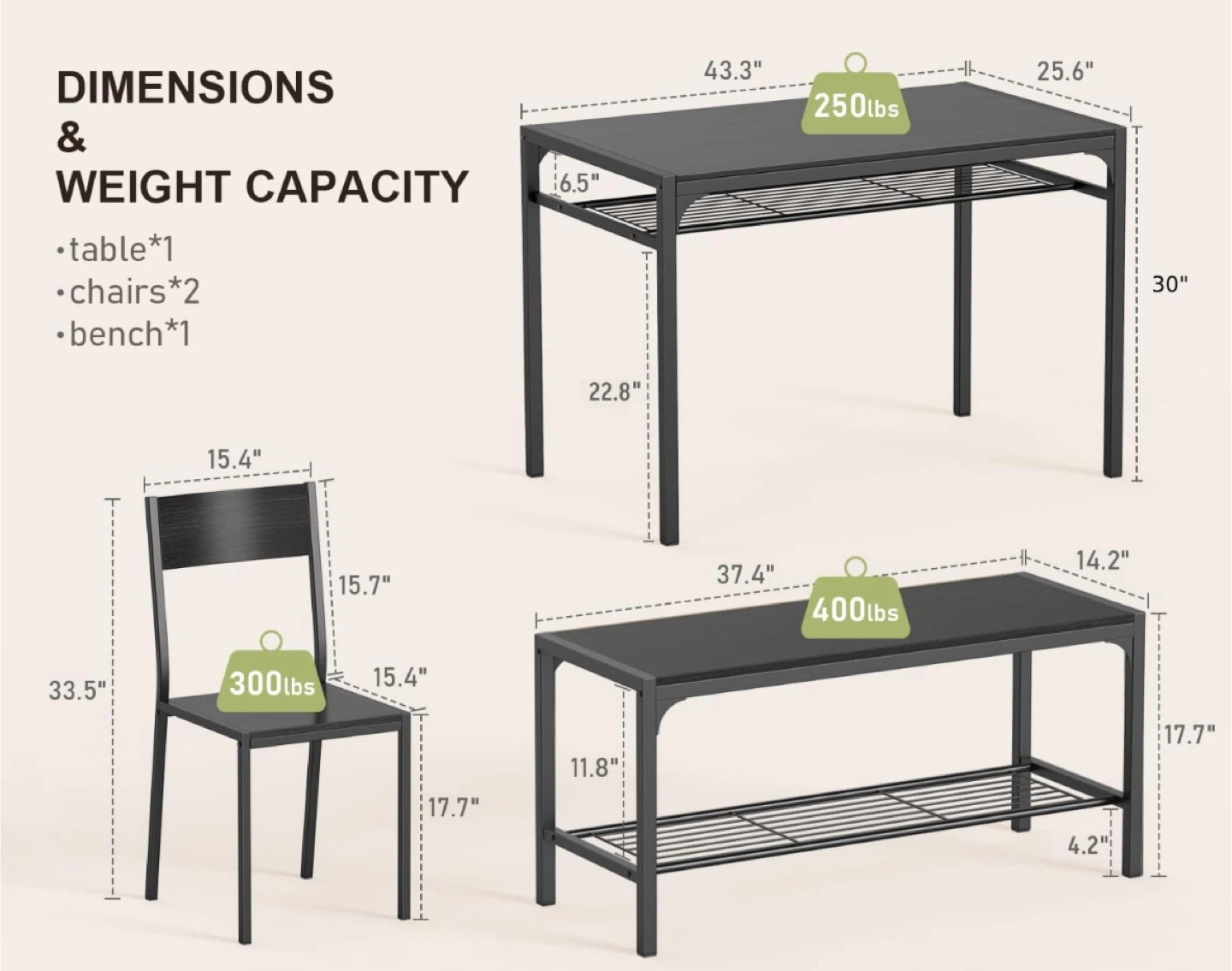Black Dining Table Set with Bench & 2 Chairs - photo 4