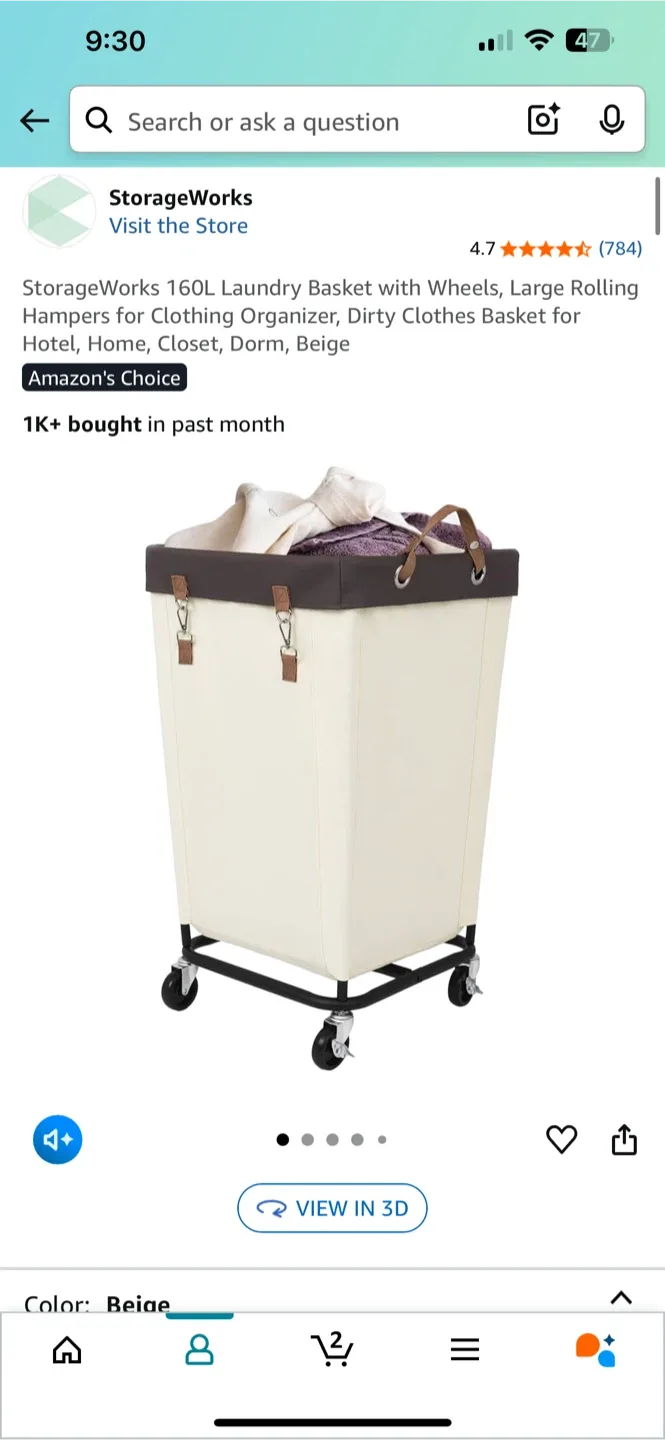 BNIB- StorageWorks 160L Laundry Basket with Wheels - Beige thumbnail