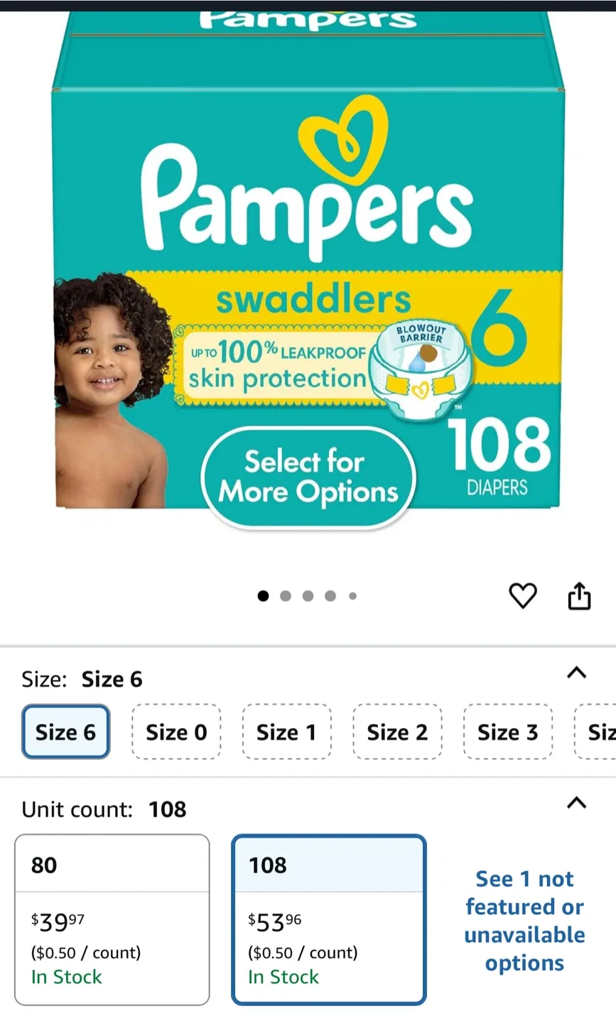 Pampers Swaddlers Size 6 - 108 Diapers - Brand New thumbnail