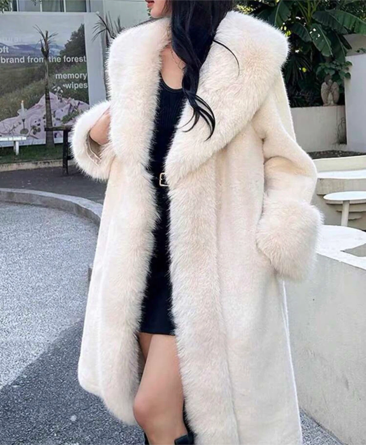 White plush faux fur coat