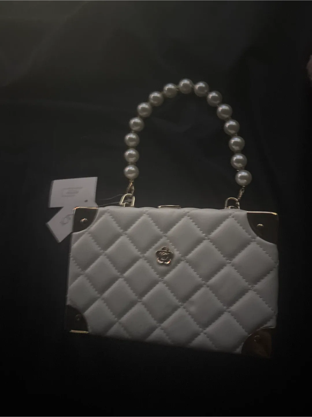 Mary Quant White Quilted Box Bag w/ Pearl Handle thumbnail