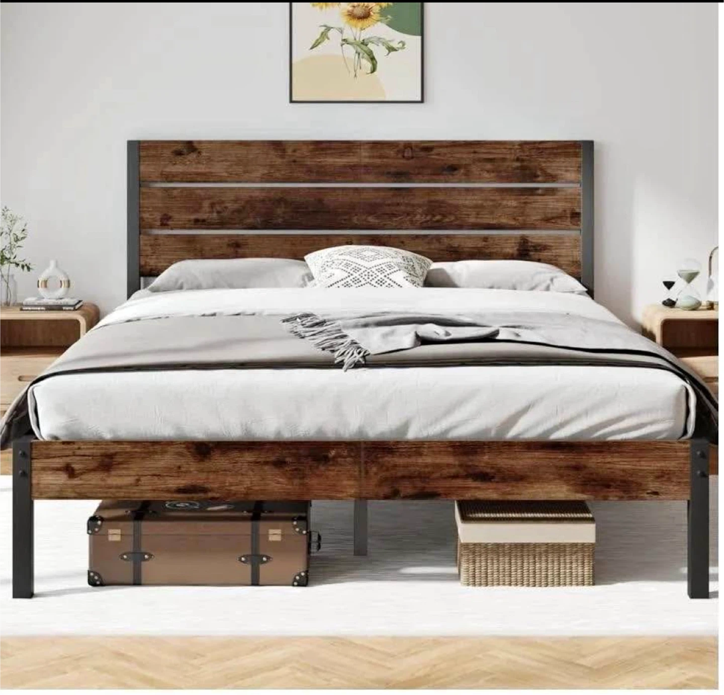 Queen Size Rustic Brown Platform Bed Frame