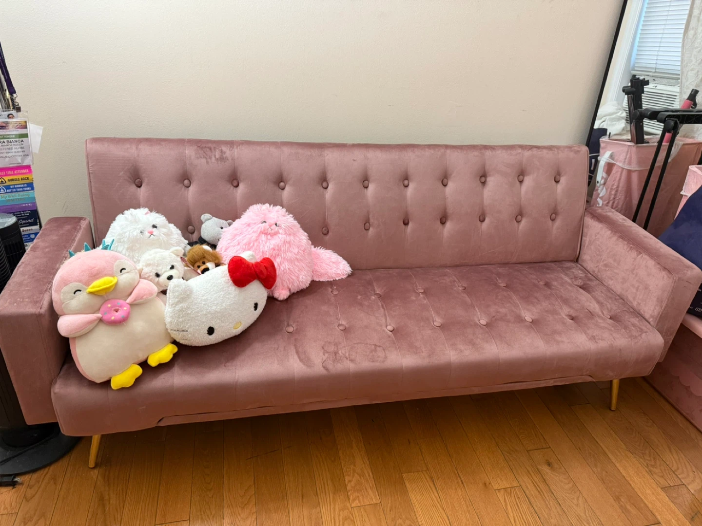 Rose Pink Velvet Tufted Convertible Sofa Bed - 75.2" Length